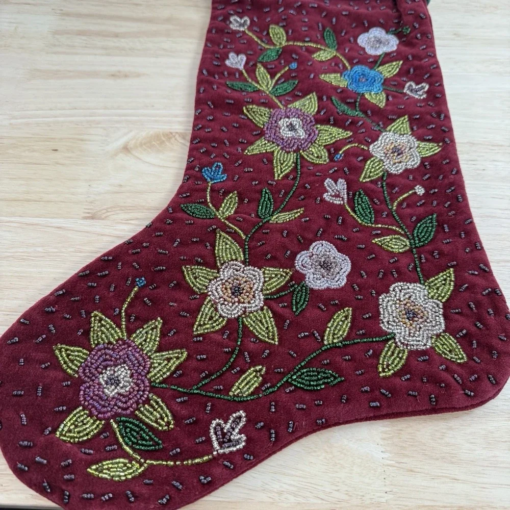 Christmas Stocking‎ Flowers Burgundy Red Green Lillian Vernon VTG Beaded Velvet